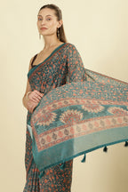 Teal Green Floral Printed Cotton Silk Saree