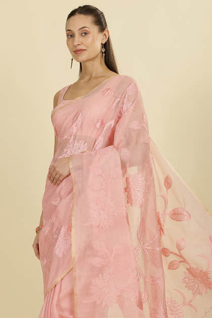 Pink Cotton Floral Resham Embroidered Saree