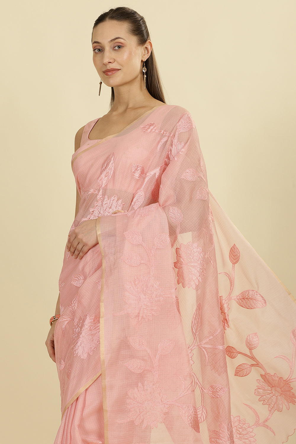 Pink Cotton Floral Resham Embroidered Saree