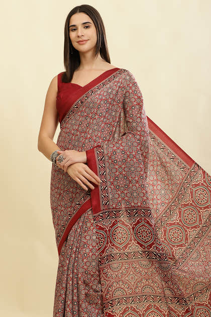 Maroon Cotton Silk Ajrakh Block Printed Saree