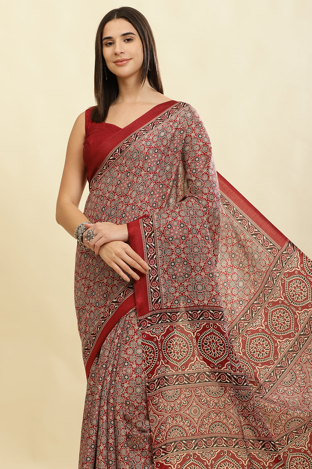 Maroon Cotton Silk Ajrakh Block Printed Saree
