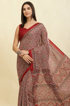 Maroon Cotton Silk Ajrakh Block Printed Saree