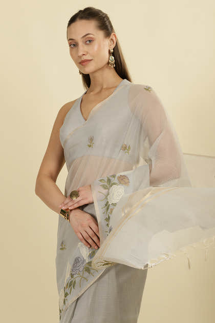Grey Kota Cotton Floral Resham Embroidered And Zari Woven Saree