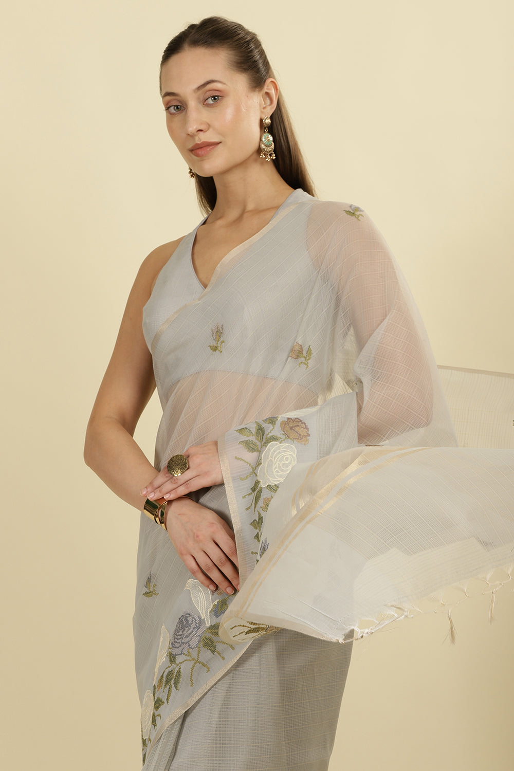 Grey Kota Cotton Floral Resham Embroidered And Zari Woven Saree