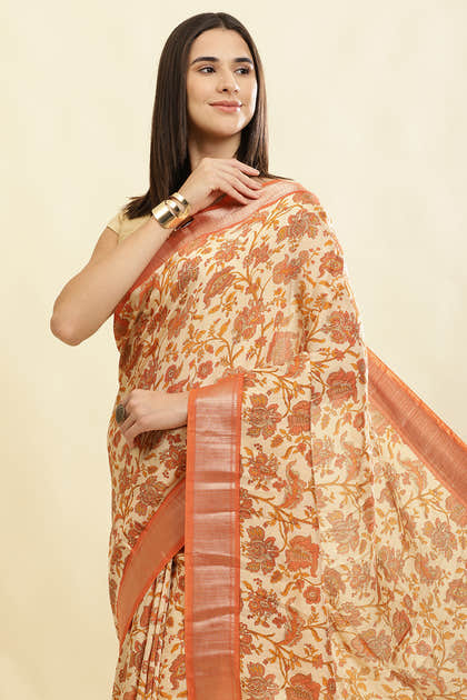 Beige & Orange Cotton Silk Floral Printed Saree