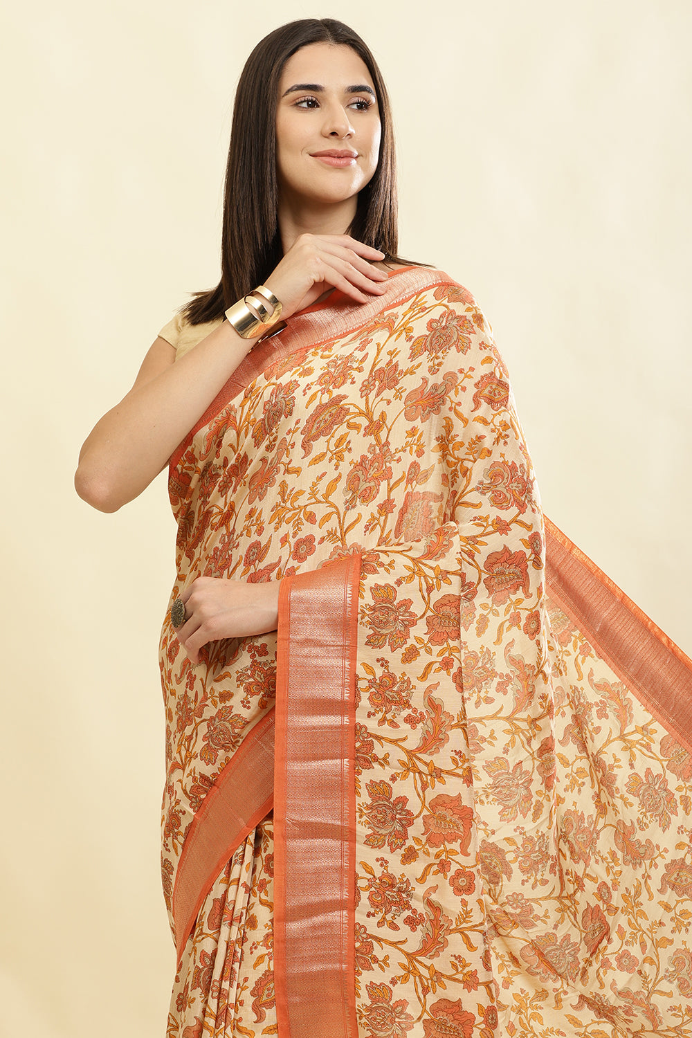 Beige & Orange Cotton Silk Floral Printed Saree