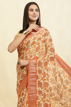 Beige & Orange Cotton Silk Floral Printed Saree