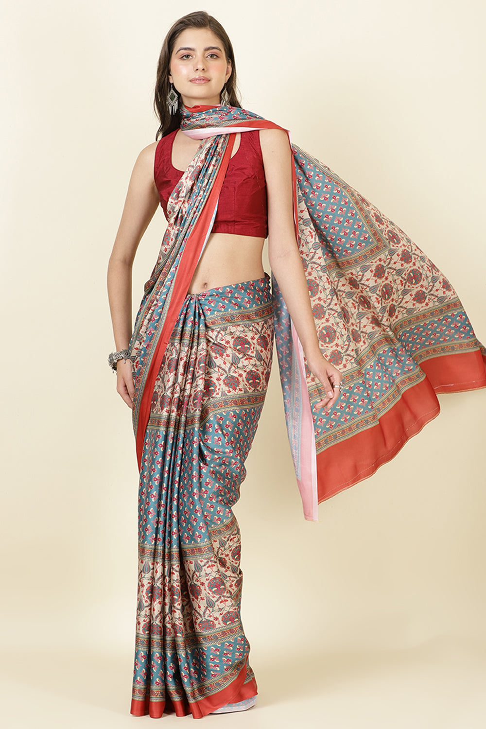 Teal & Beige Crepe Printed Saree