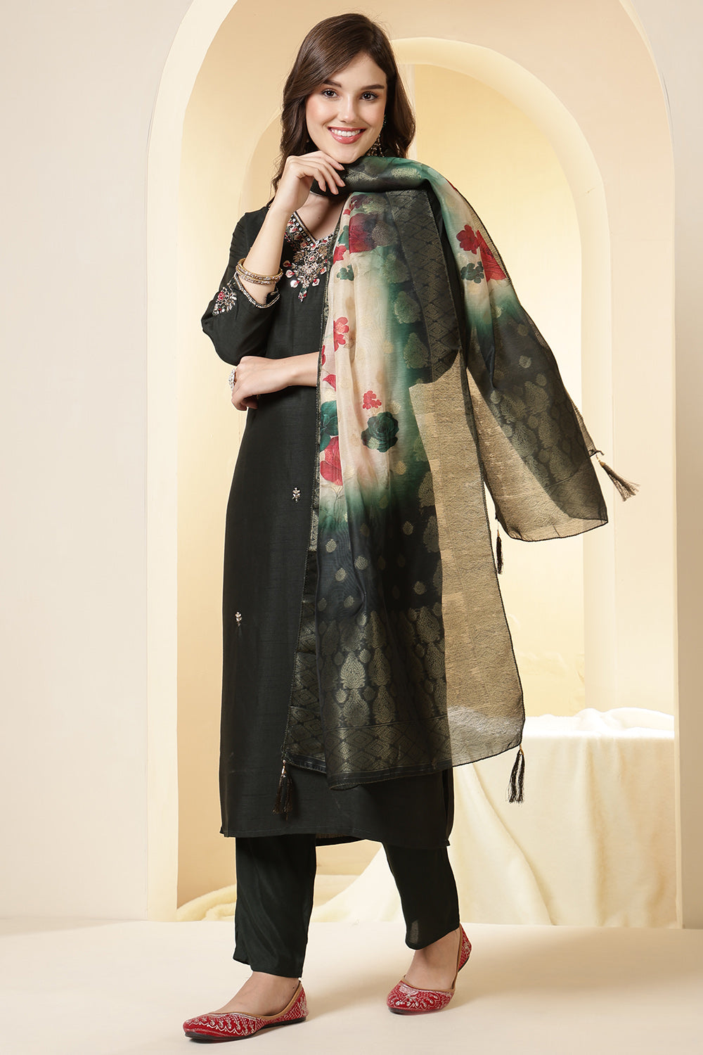 Green Color Silk Suit Set With Neck Embroidered & Floral Printed Dupatta