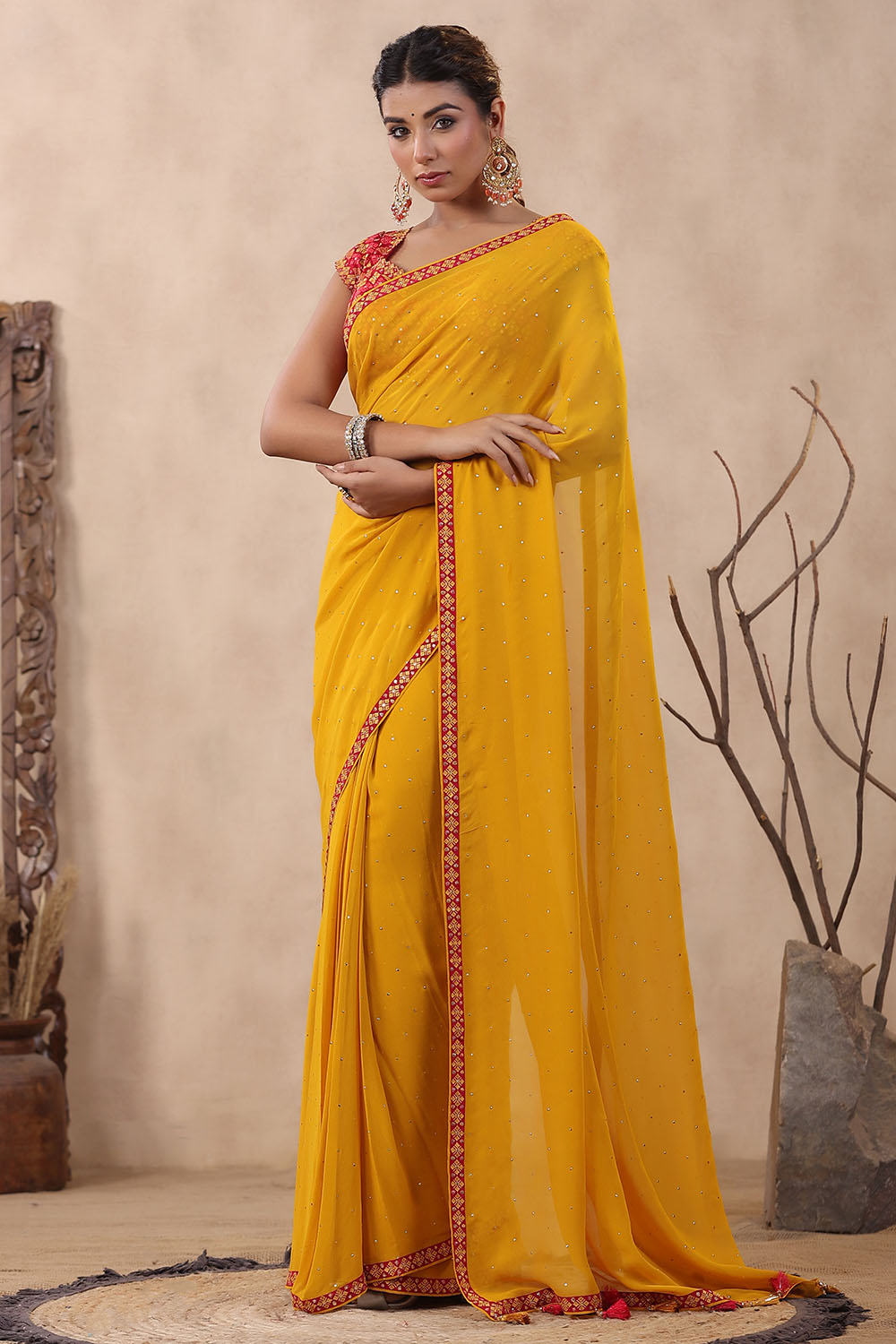 Mustard Color Mukesh Work Georgette Saree With Readymade Blouse