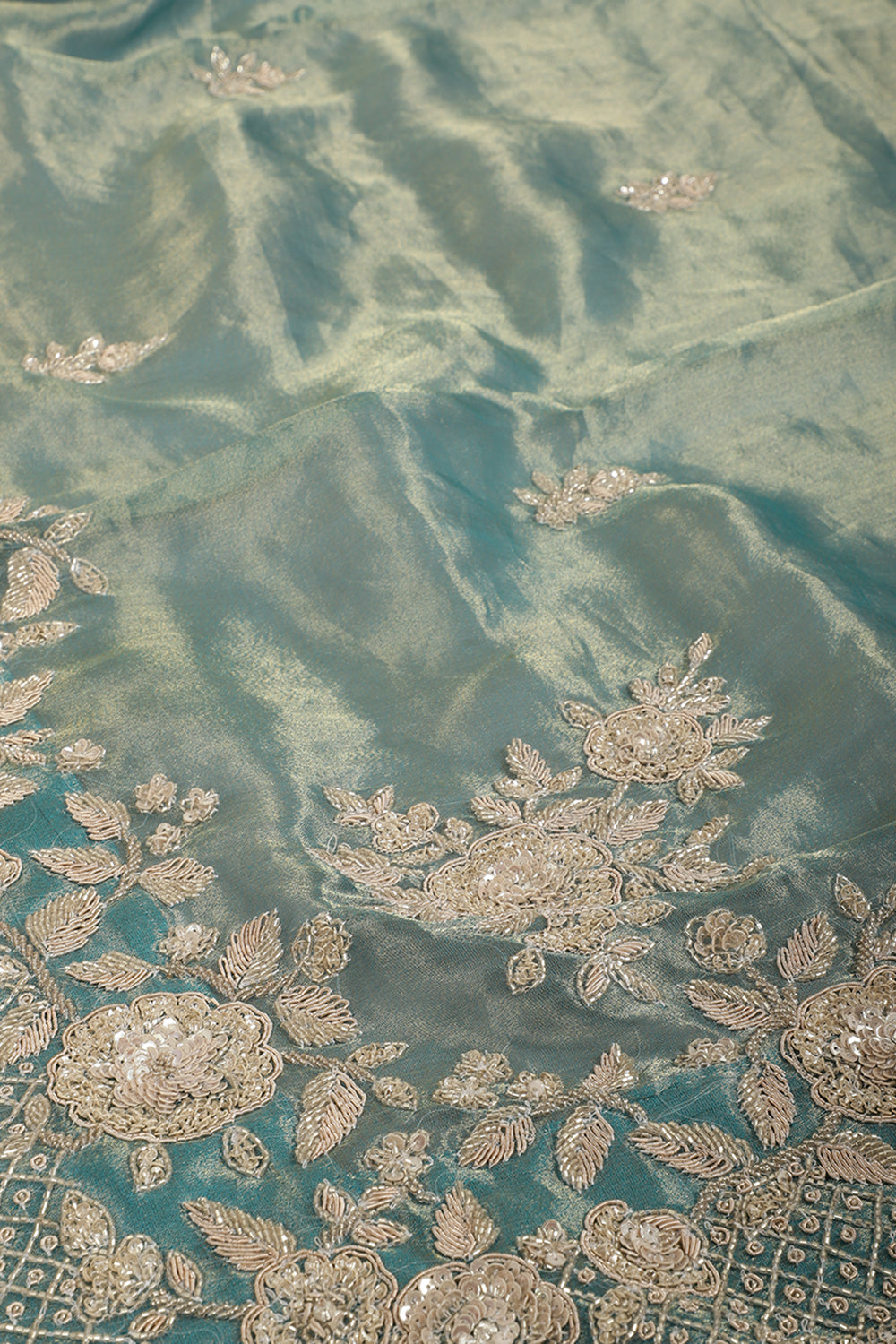 Firozi Color Pure Tissue Silk Saree with Pearl and Zardozi Handwork