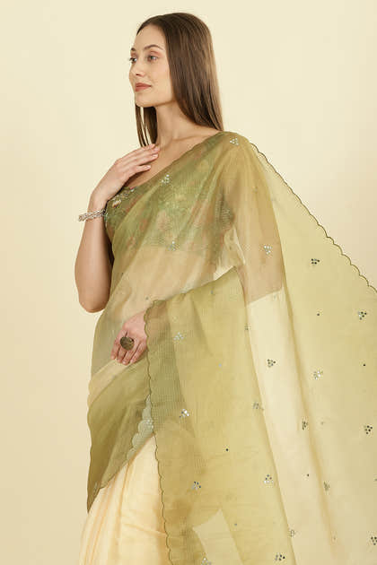 Ombre Olive Green Organza Saree With Mirror Work