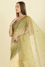 Ombre Olive Green Organza Saree With Mirror Work