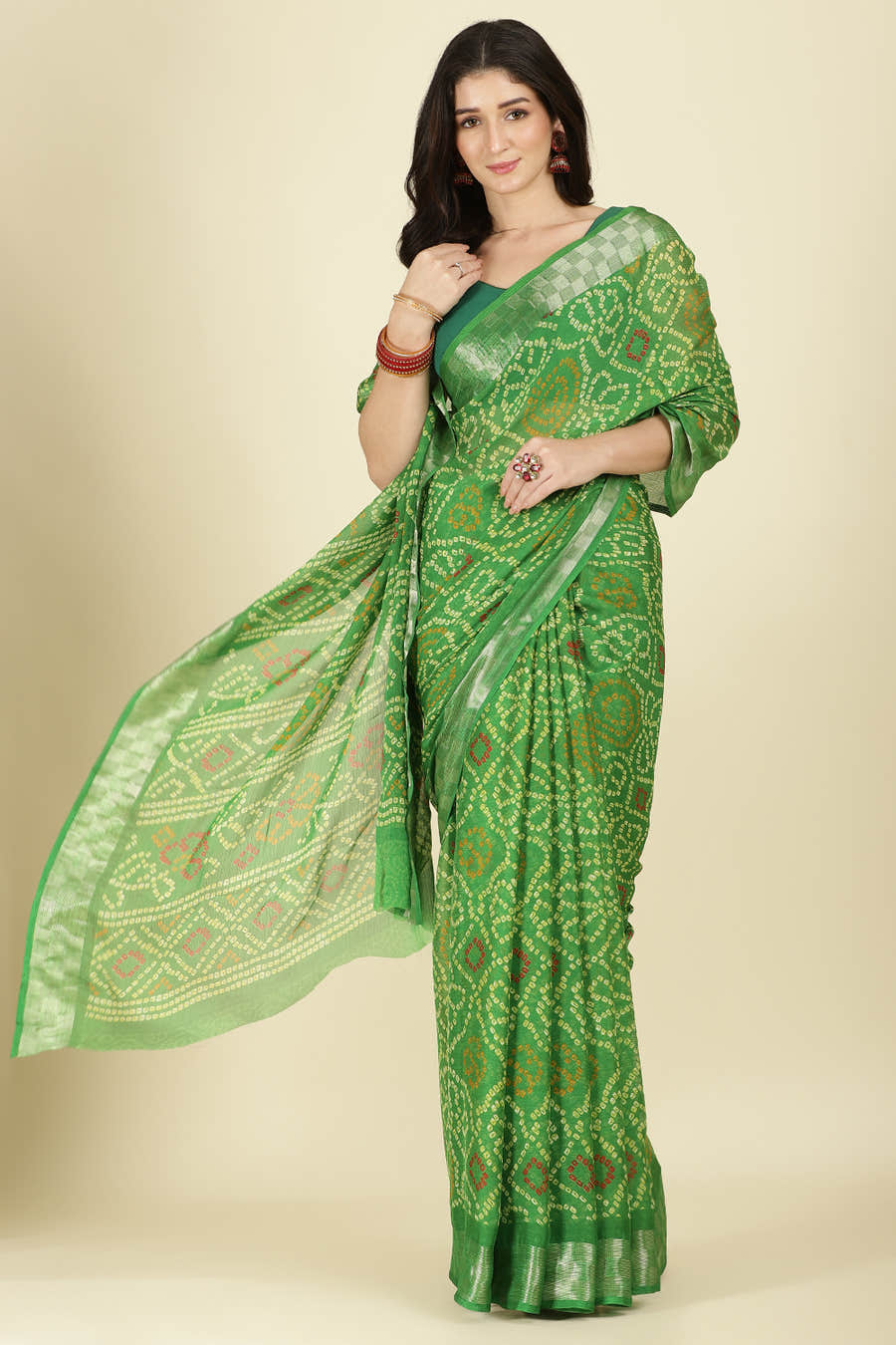 Muted Green Color Chiffon Bandhani Printed Saree