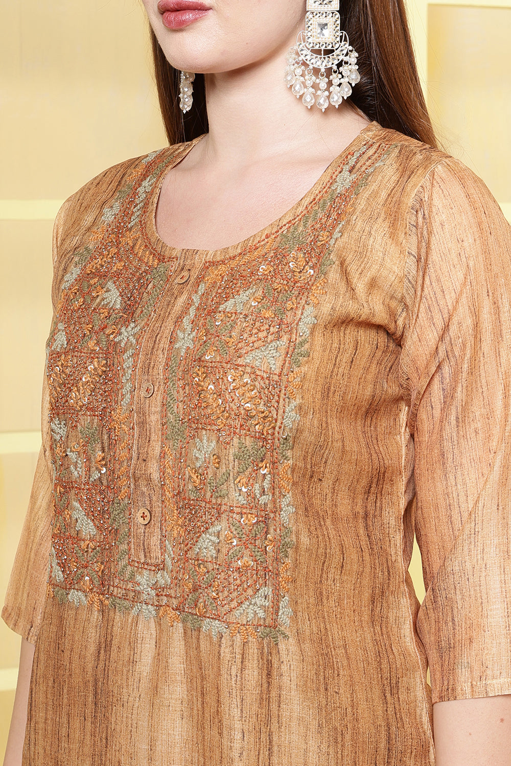 Brown Chanderi Neck-Embroidered Straight Suit