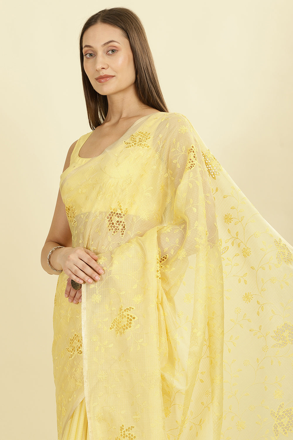 Pale Yellow Floral Resham Embroidered Cotton Saree