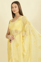 Pale Yellow Floral Resham Embroidered Cotton Saree