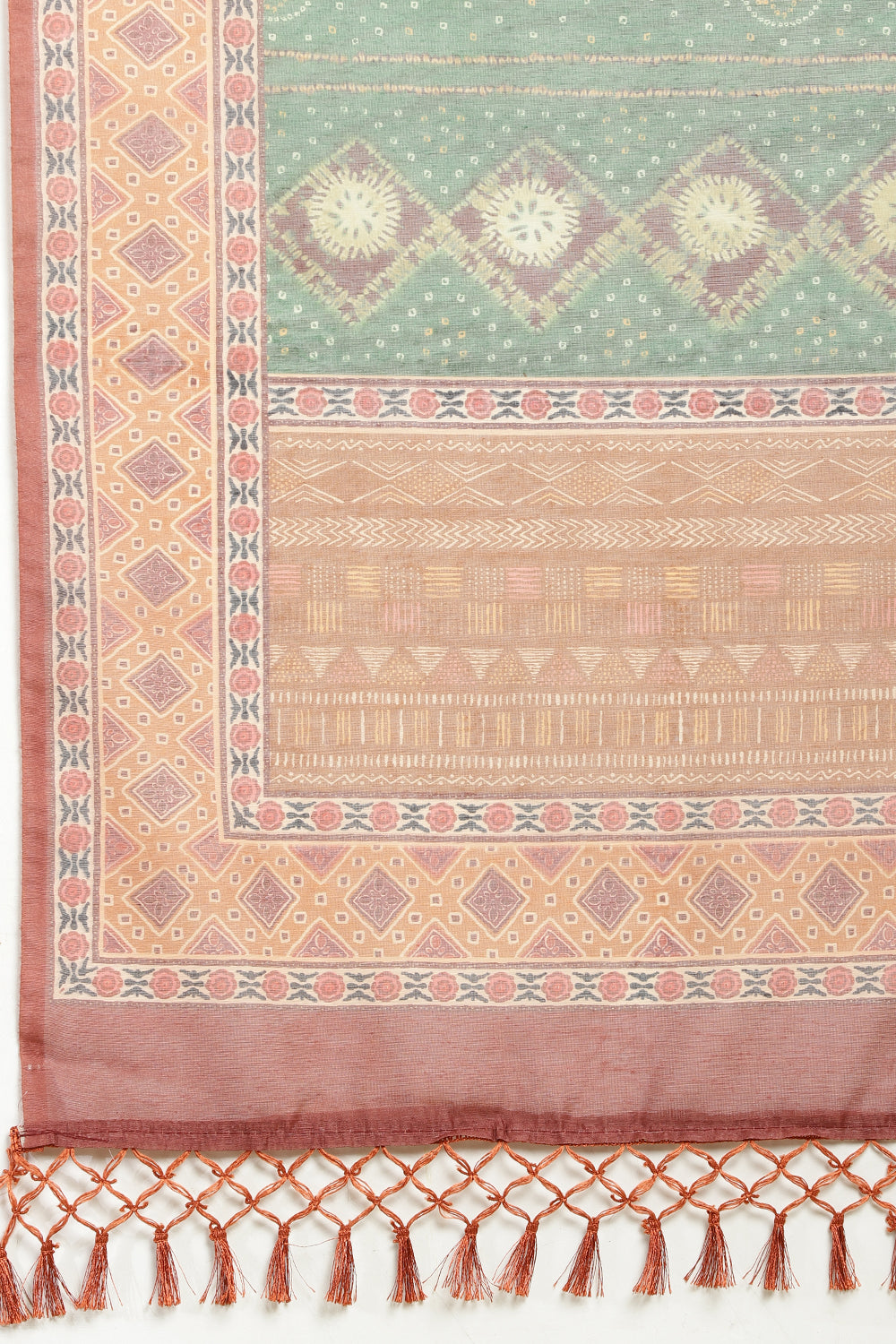 Green Organza Cotton Bandhani Block Printed Saree