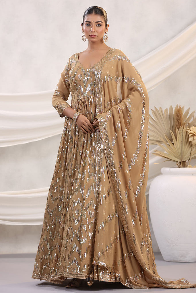 Fawn Color Georgette Sequins Embroidered Floor Length Anarkali Gown with Dupatta