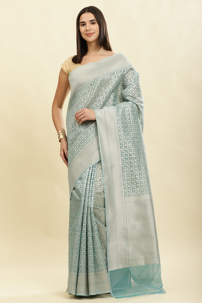 Turquoise Chanderi Silk Zari Weaving Saree