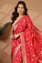 Red Banarasi Silk Zari Floral Zaal Woven Saree