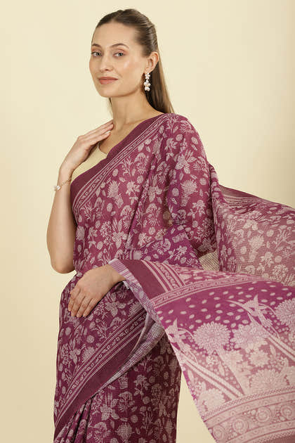 Purple Kota Cotton Floral Jaal Printed Saree