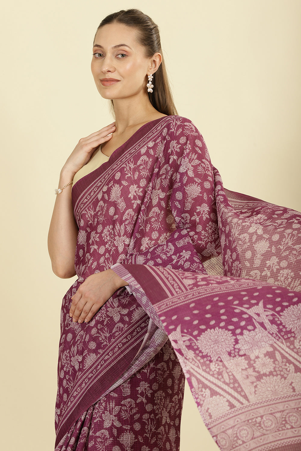 Purple Kota Cotton Floral Jaal Printed Saree