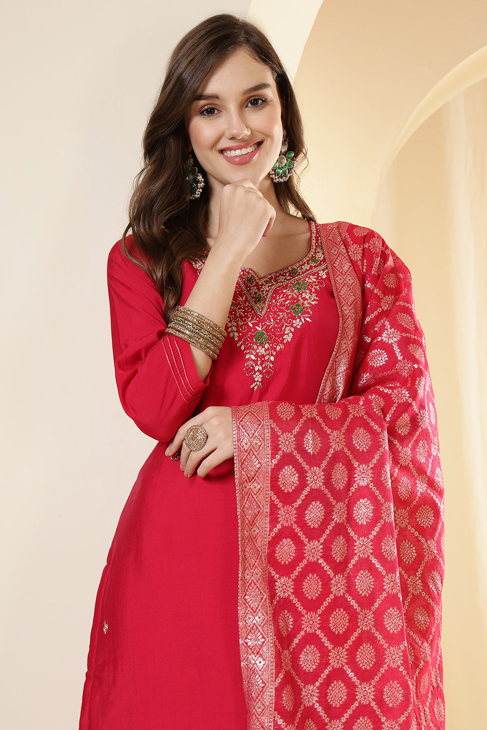 Fushia Pink Color Silk Neck Embroidered Suit Set