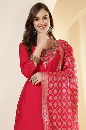 Fushia Pink Color Silk Neck Embroidered Suit Set