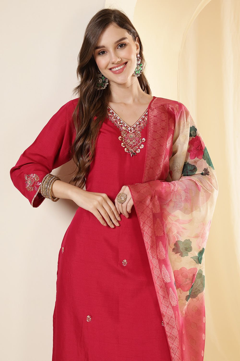 Fushia Pink Color Silk Suit Set With Neck Embroidered & Floral Printed Dupatta