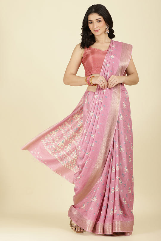 Pink Cotton Silk Printed And Zari Woven Saree