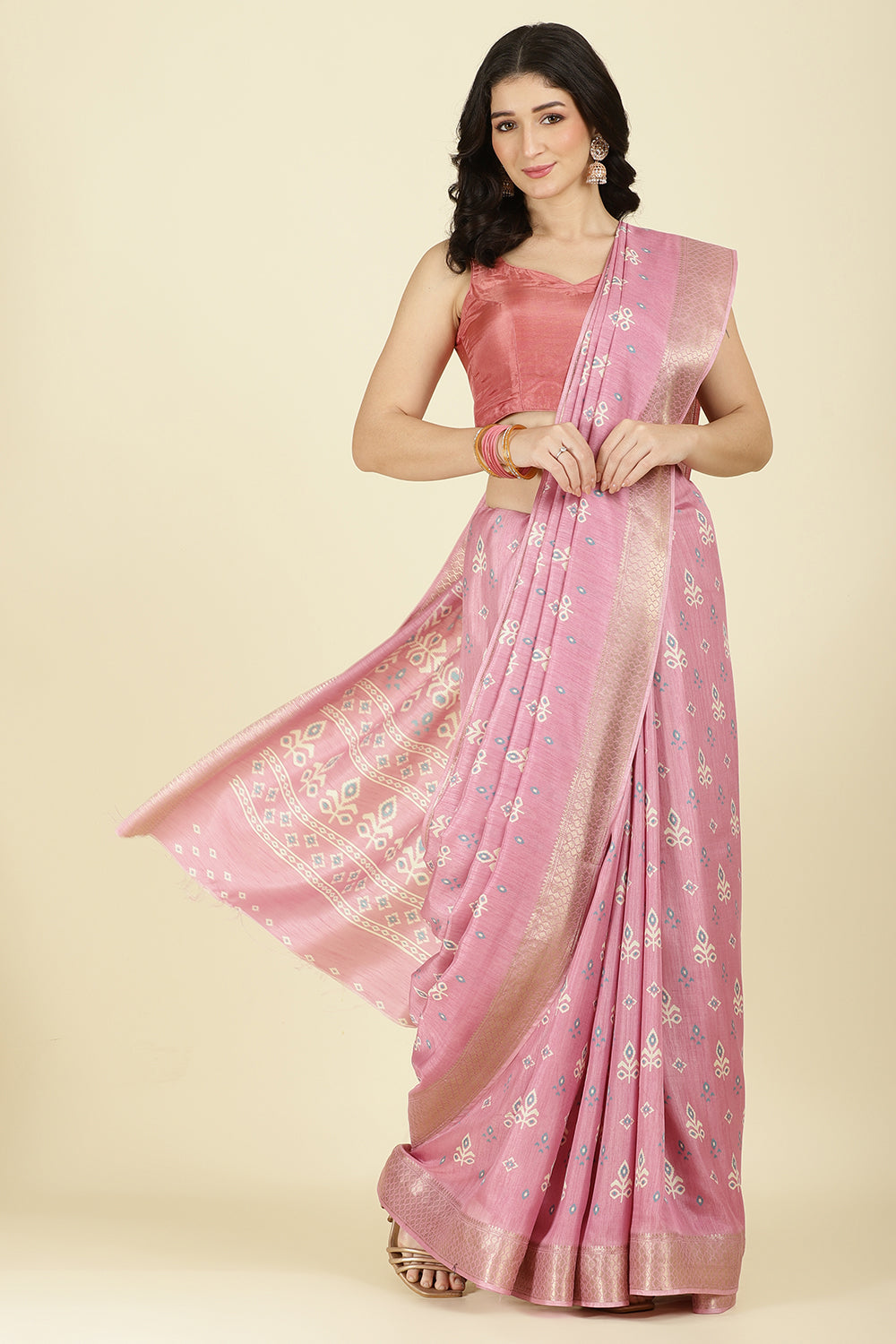 Pink Cotton Silk Printed And Zari Woven Saree