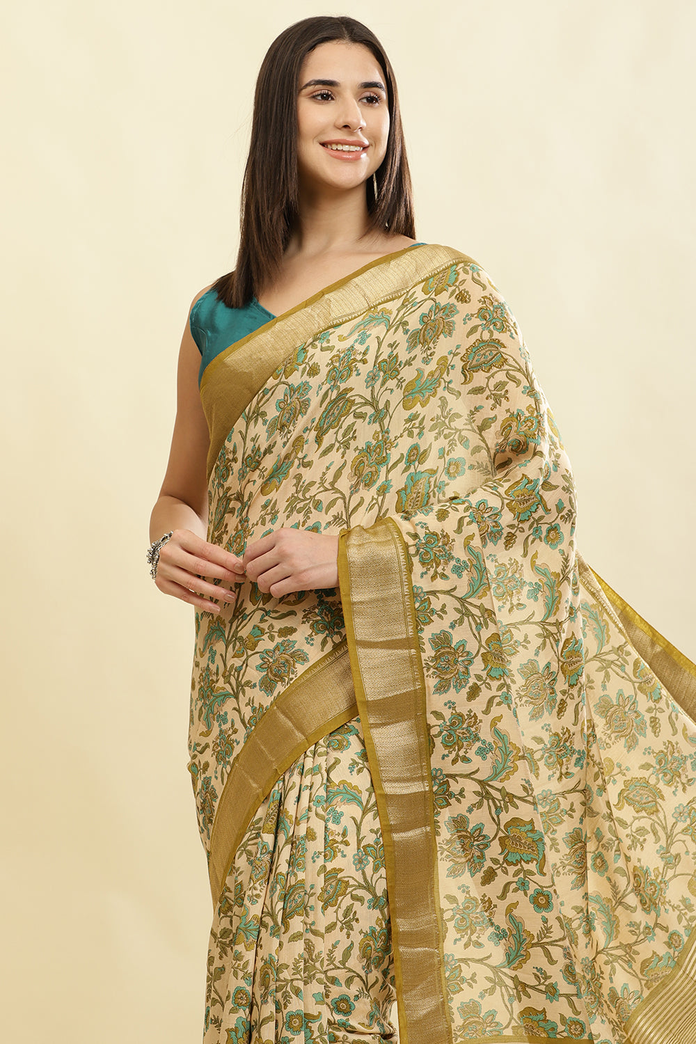 Beige & Olive Green Cotton Silk Floral Printed Saree