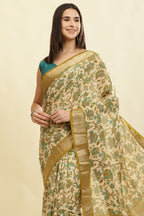 Beige & Olive Green Cotton Silk Floral Printed Saree