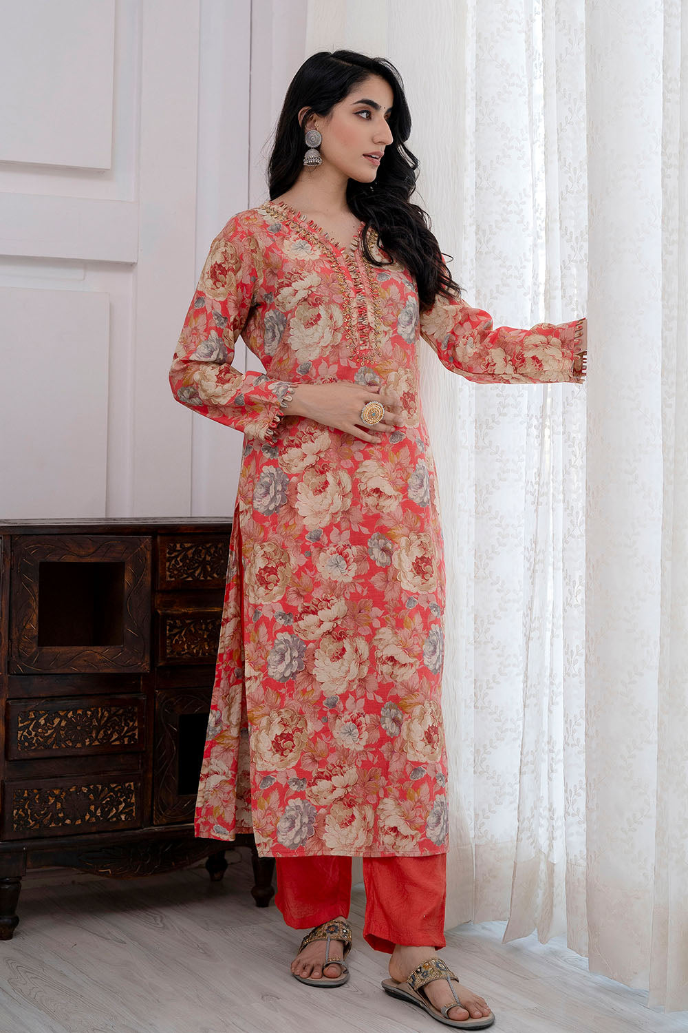 Coral Color Muslin Floral Printed Straight Suit
