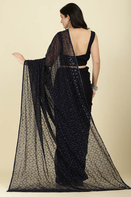 Navy Georgette Sequins Embroidered Saree With Stone Work Readymade Blouse