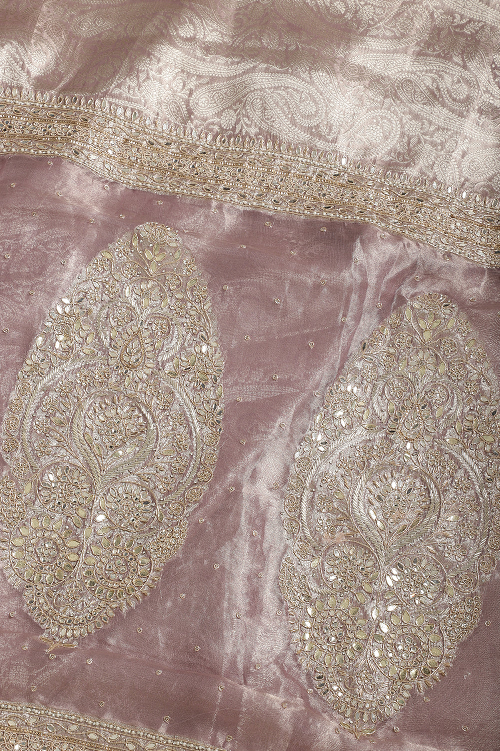 Mauve Color Pure Tissue Handloom Zari Saree with Kundan & Zardozi Handwork
