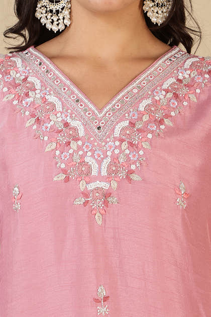 Pink Neck Embroidered Silk Suit
