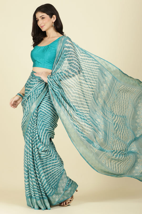 Firozi Color Chiffon Leheriya Printed Saree