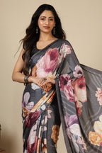 Grey Printed Jacquard Silk Saree