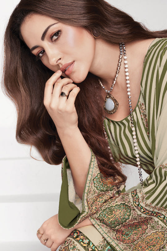 Green & Beige Kashmiri Paisley Printed Unstitched Suits Material