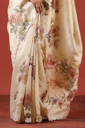Cream Color Tussar Cotton Printed Saree
