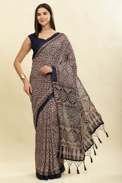 Navy Cotton Silk Ajrakh Block Printed Saree