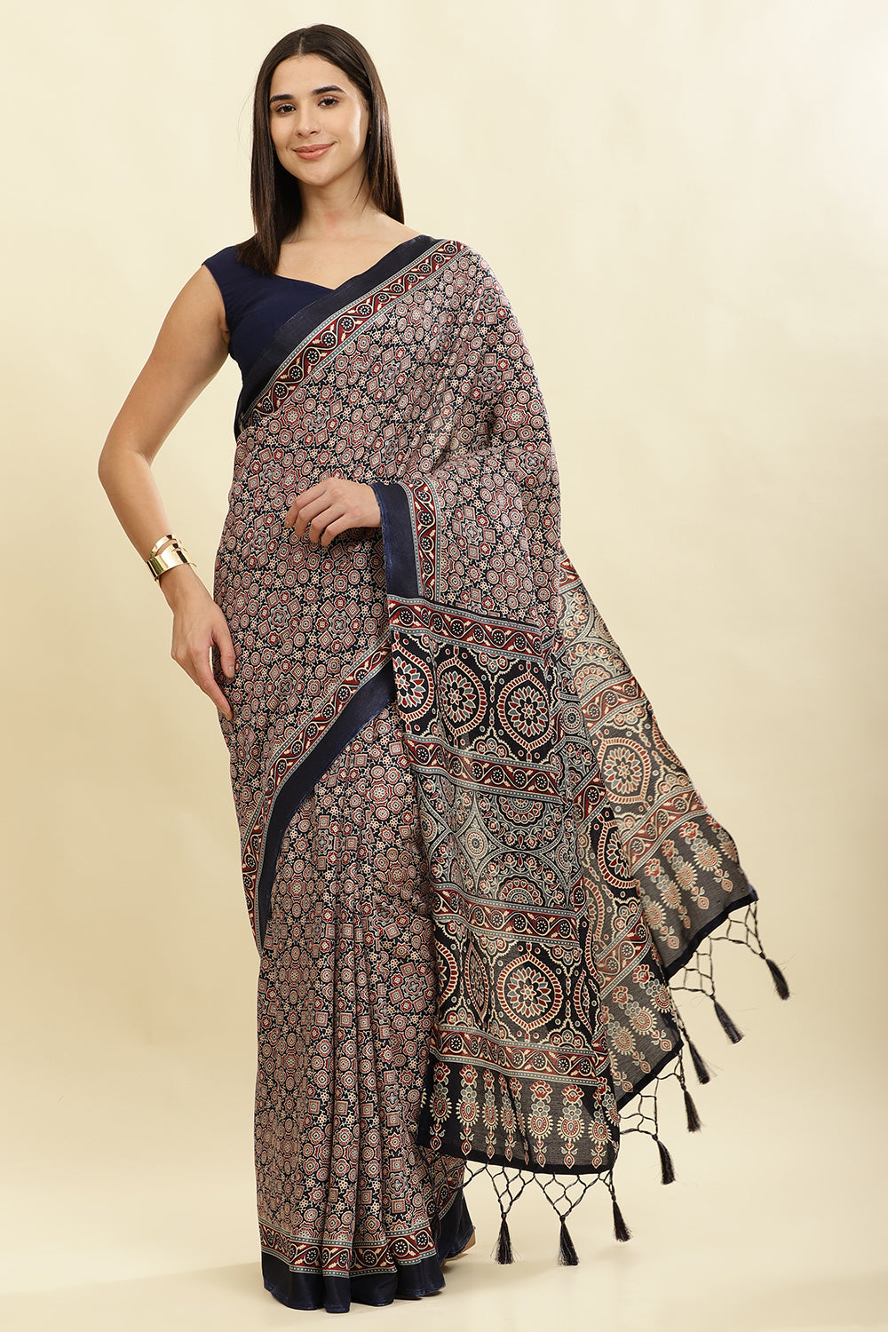 Navy Cotton Silk Ajrakh Block Printed Saree