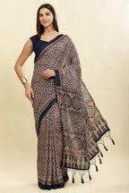 Navy Cotton Silk Ajrakh Block Printed Saree