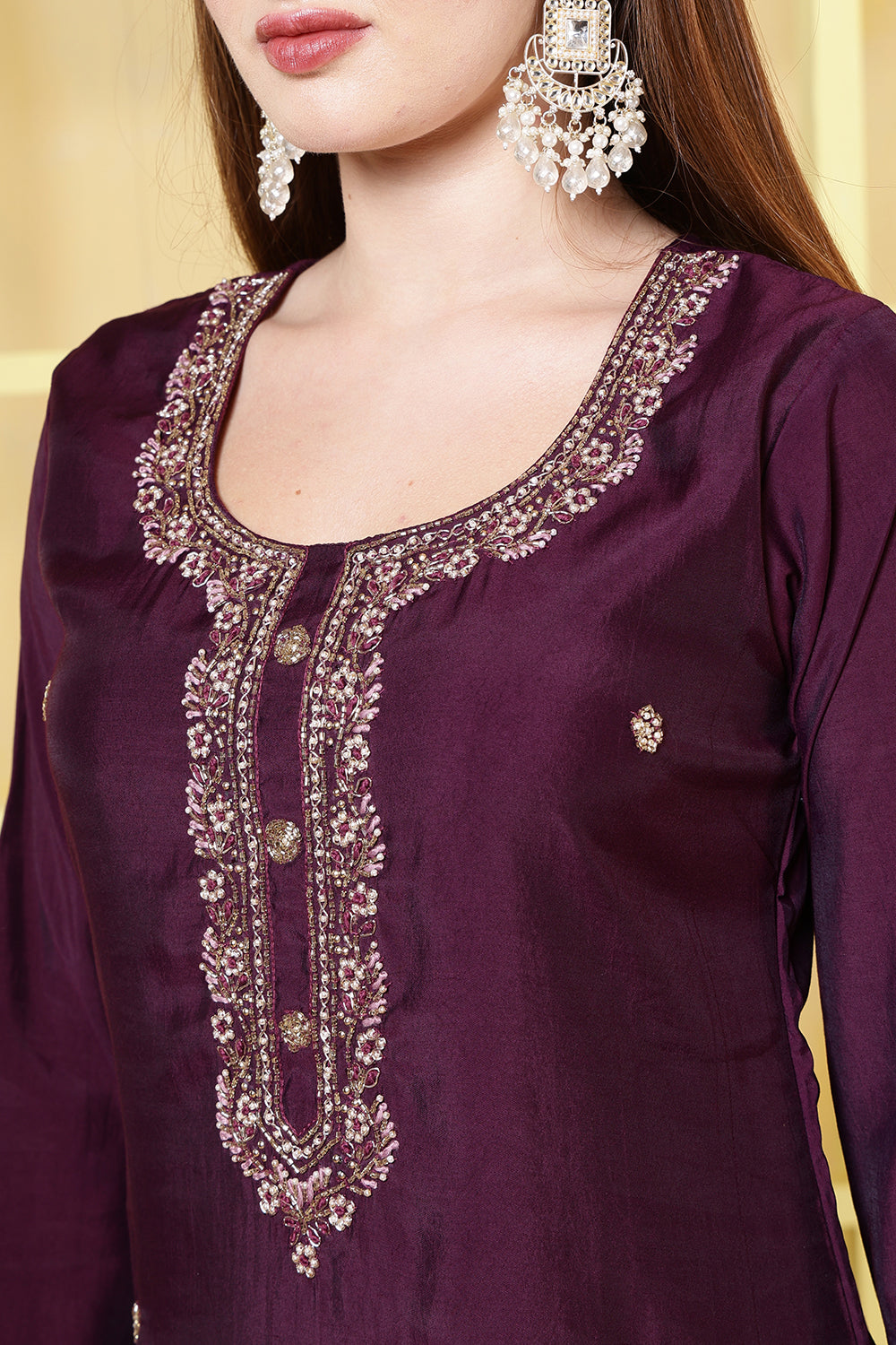Dark Scarlet Silk Cut-Dana And Pearl Embroidered Suits
