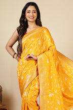 Mustard Banarasi Silk Zari Floral Zaal Woven Saree