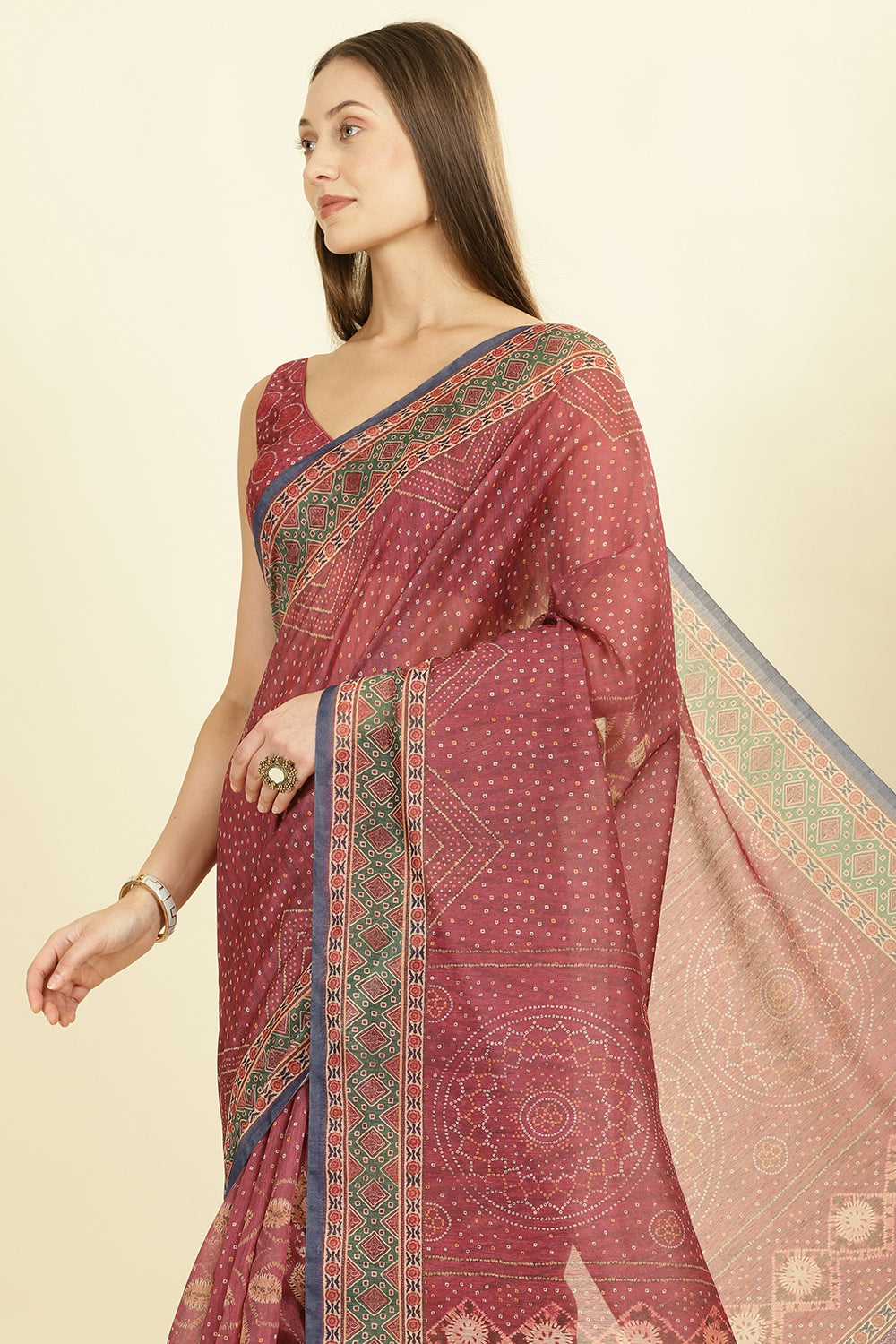 Maroon Organza Cotton Bandhani Block Printed Saree