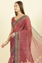 Maroon Organza Cotton Bandhani Block Printed Saree