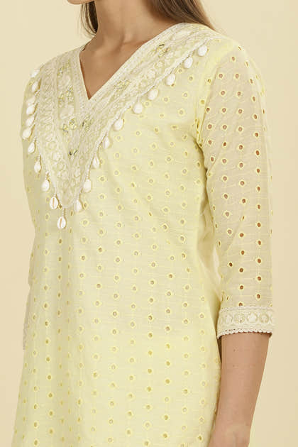 Pale Yellow Cotton Hacoba Style Neck-Embroidered Kurta Set